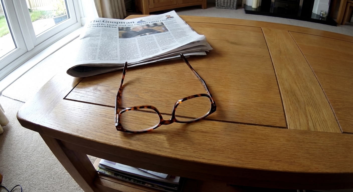 A photo showing the glasses on the bedside table.